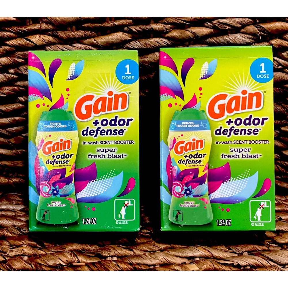 TWO Gain Odor Defense In Wash Scent Booster Super Fresh Blast Fights 1 Dose Each